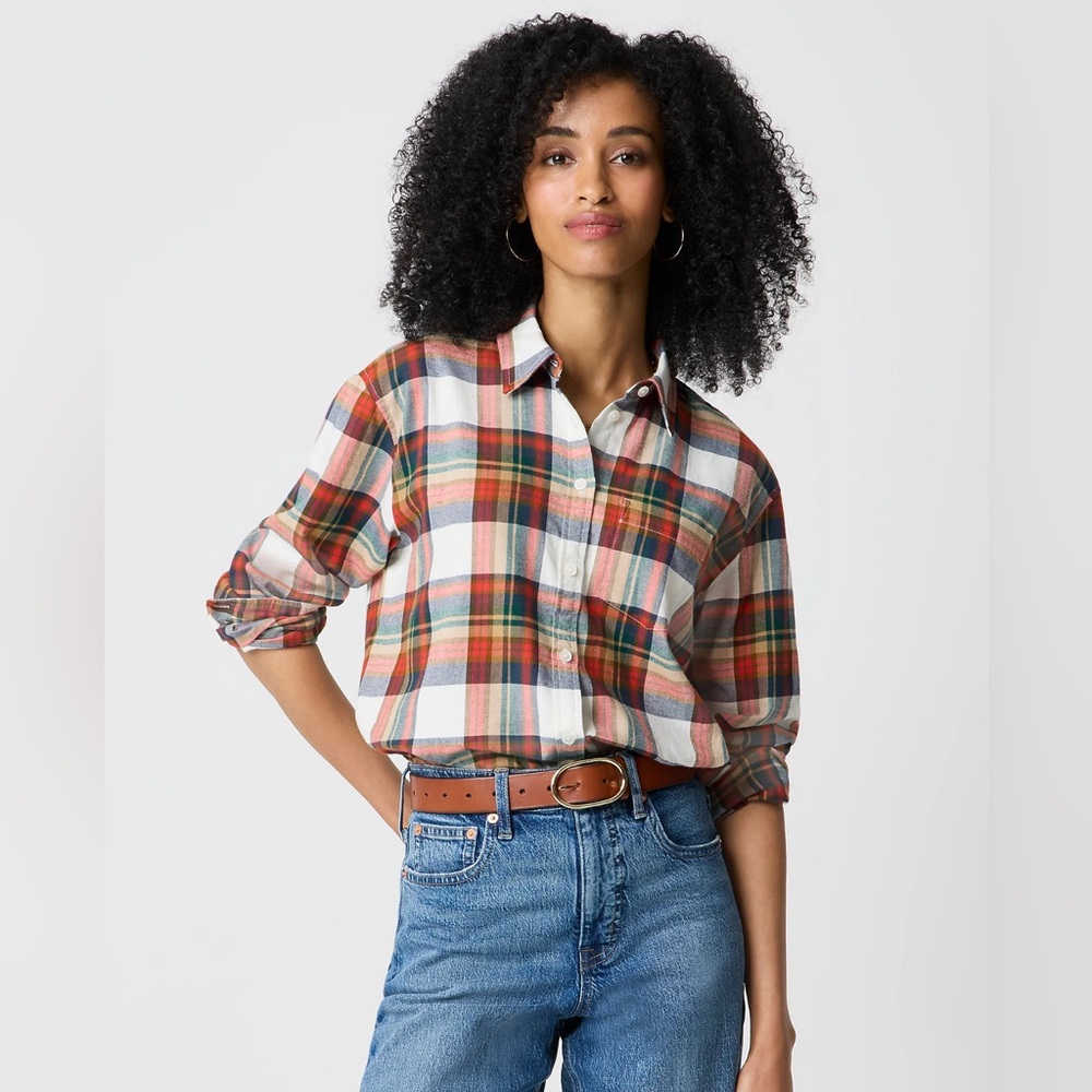 J. Crew Factory cabincore plaid flannel shirt red/navy/tan/cream. Size Medium